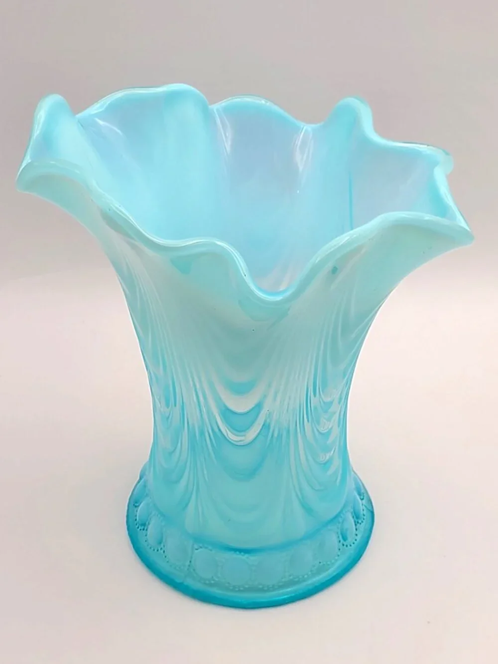 Antique Northwood Jewel & Drapery Swung Vase Blue Opalescent Glass 7